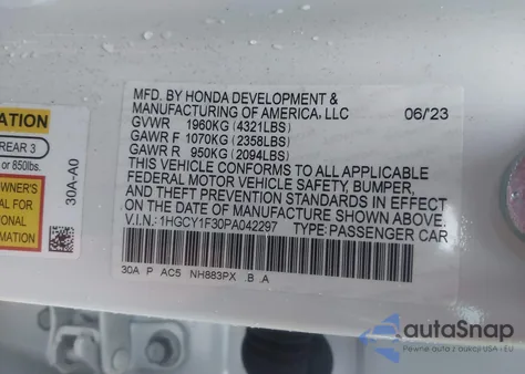 2023 Honda Accord Ex from USA, damaged, VIN 1HGCY1F30PA042297